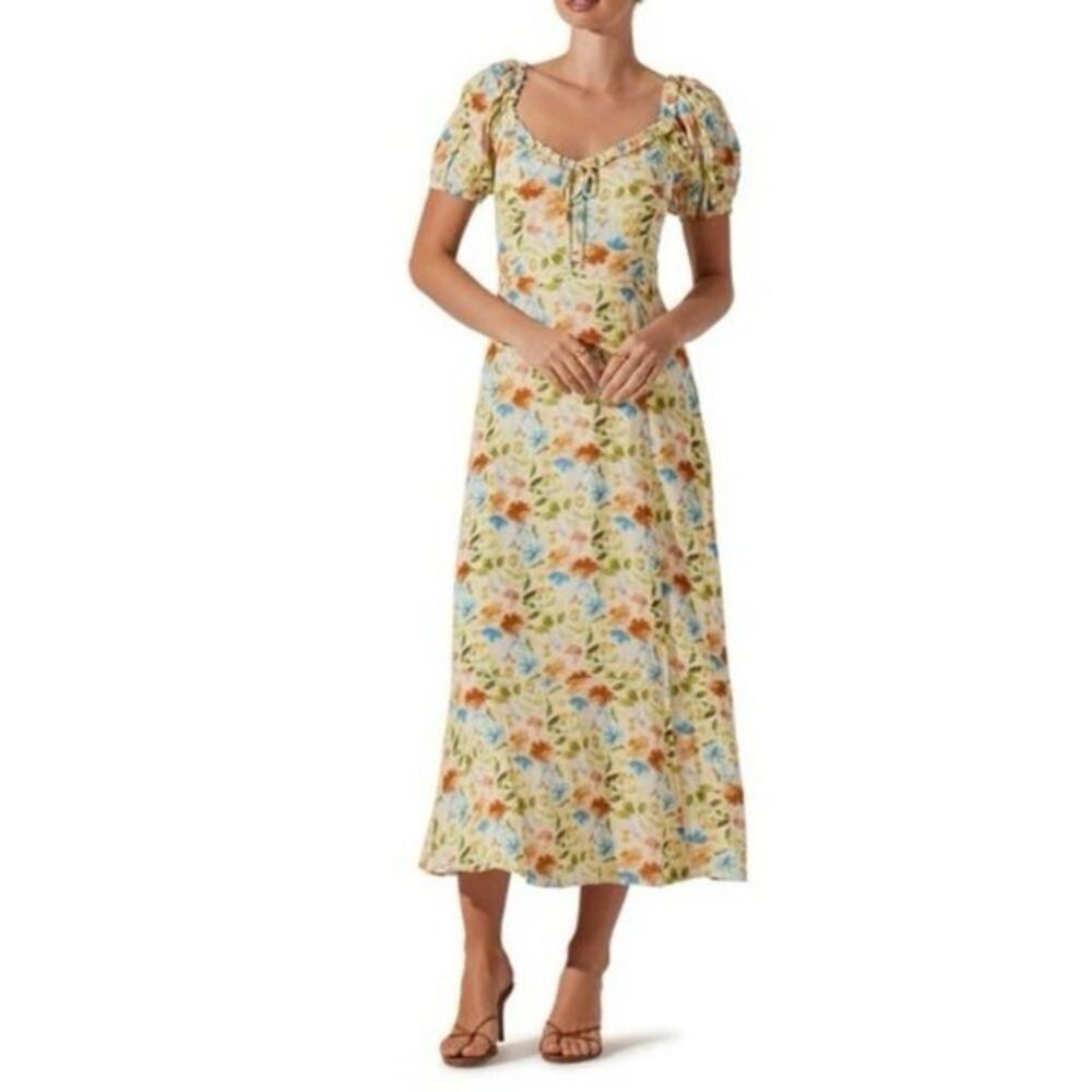 ASTR Floral Puff Sleeve Midi Dress ~ Multi-Color Floral Print NWT Size Small
